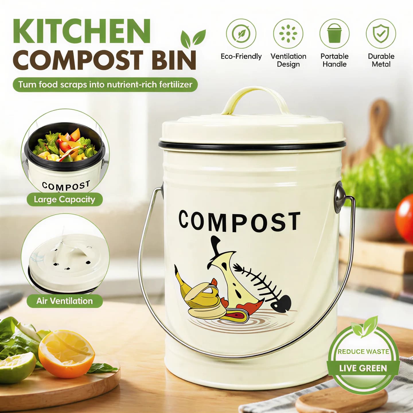 Contenitore per Compost da Cucina in Metallo da Appoggio | Sigillato contro odori e insetti | Contenitore per Rifiuti Alimentari per la Produzione di Fertilizzante Compostabile