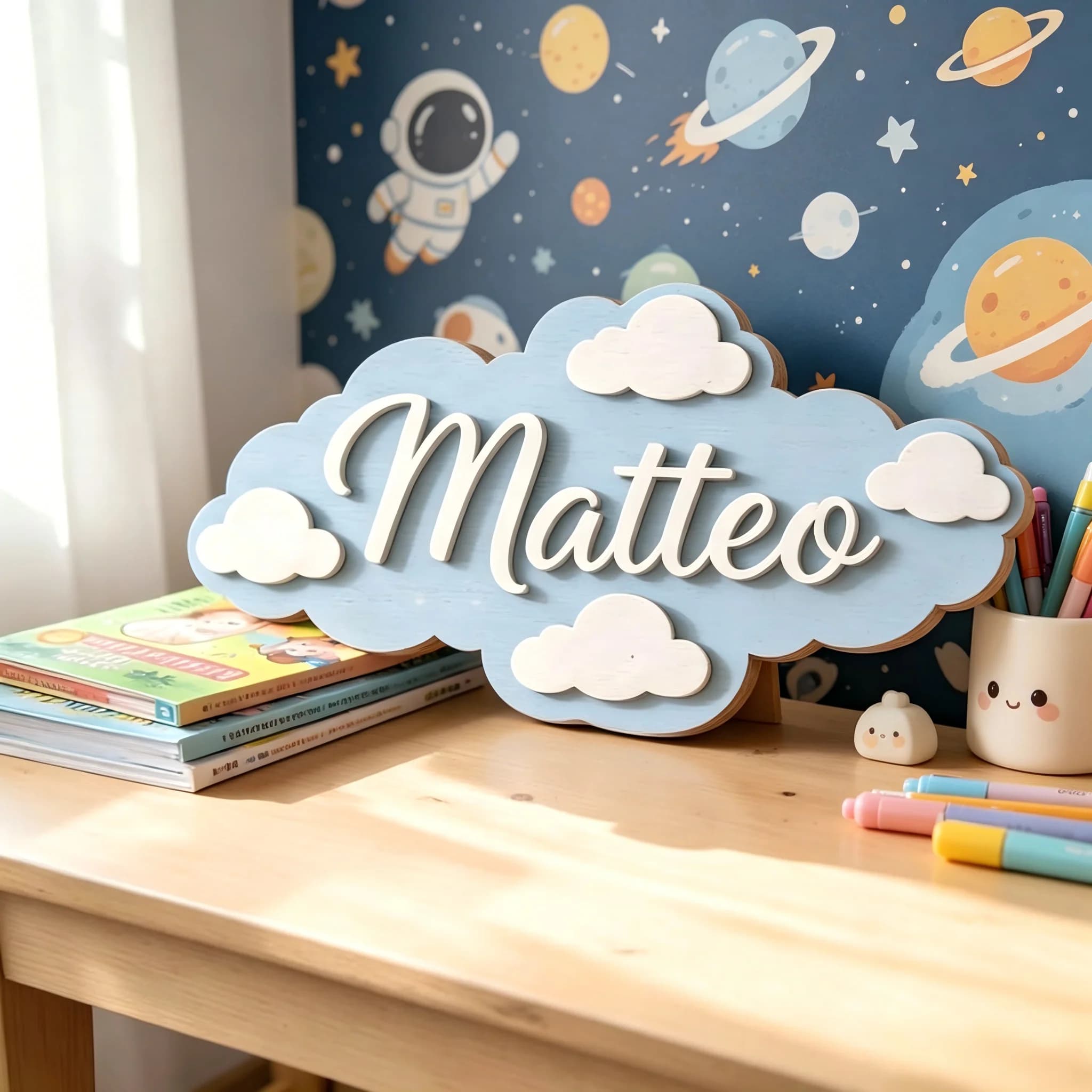 1Pc Custom Light blue clouds Wooden Name Plaque,Home Room Office Nursery Wall Door Decor,DIY Paintable,Birthday Wedding Gift