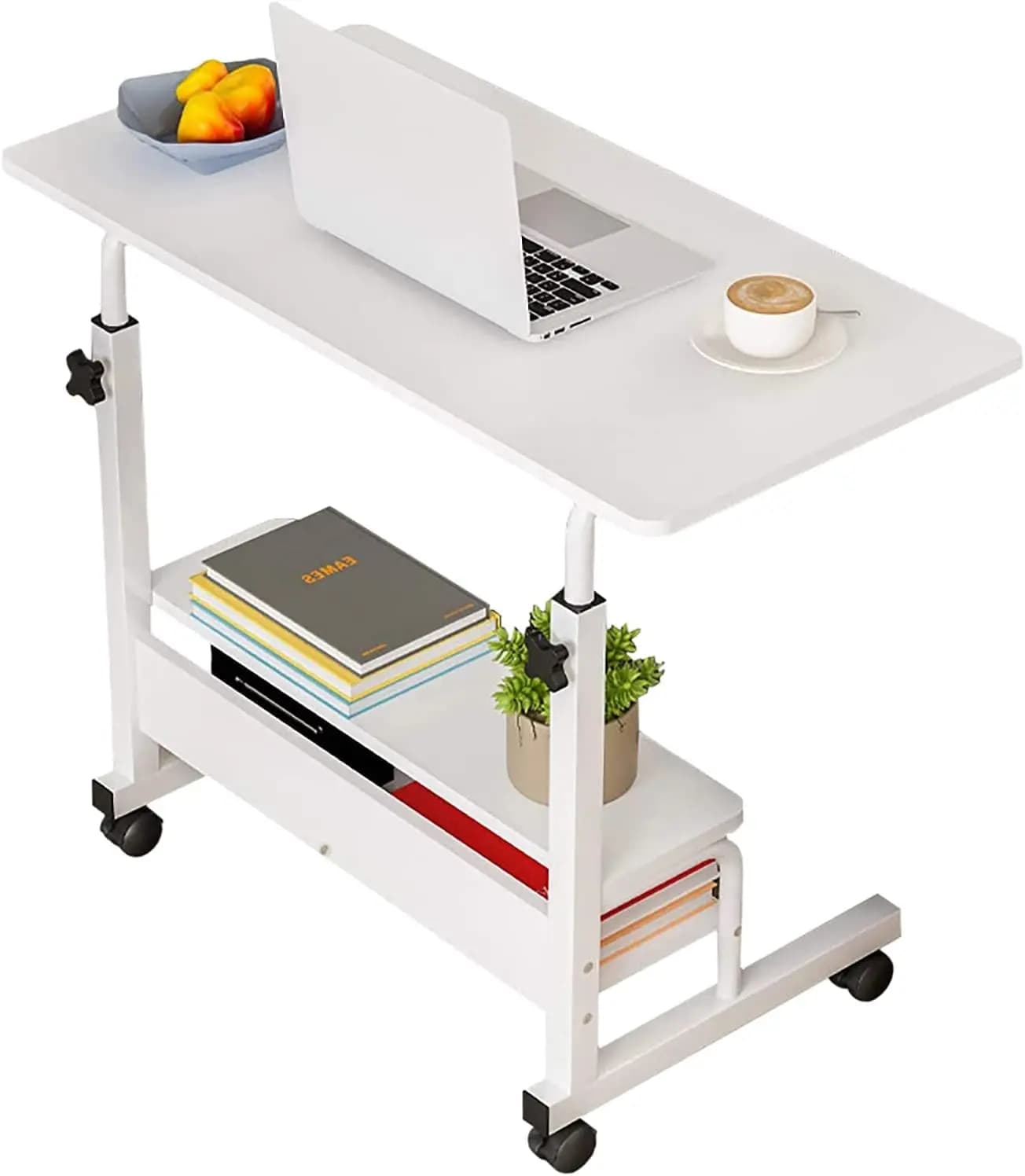 Scrivania regolabile per laptop, postazione di lavoro mobile con ruote e spazio di archiviazione, colore bianco