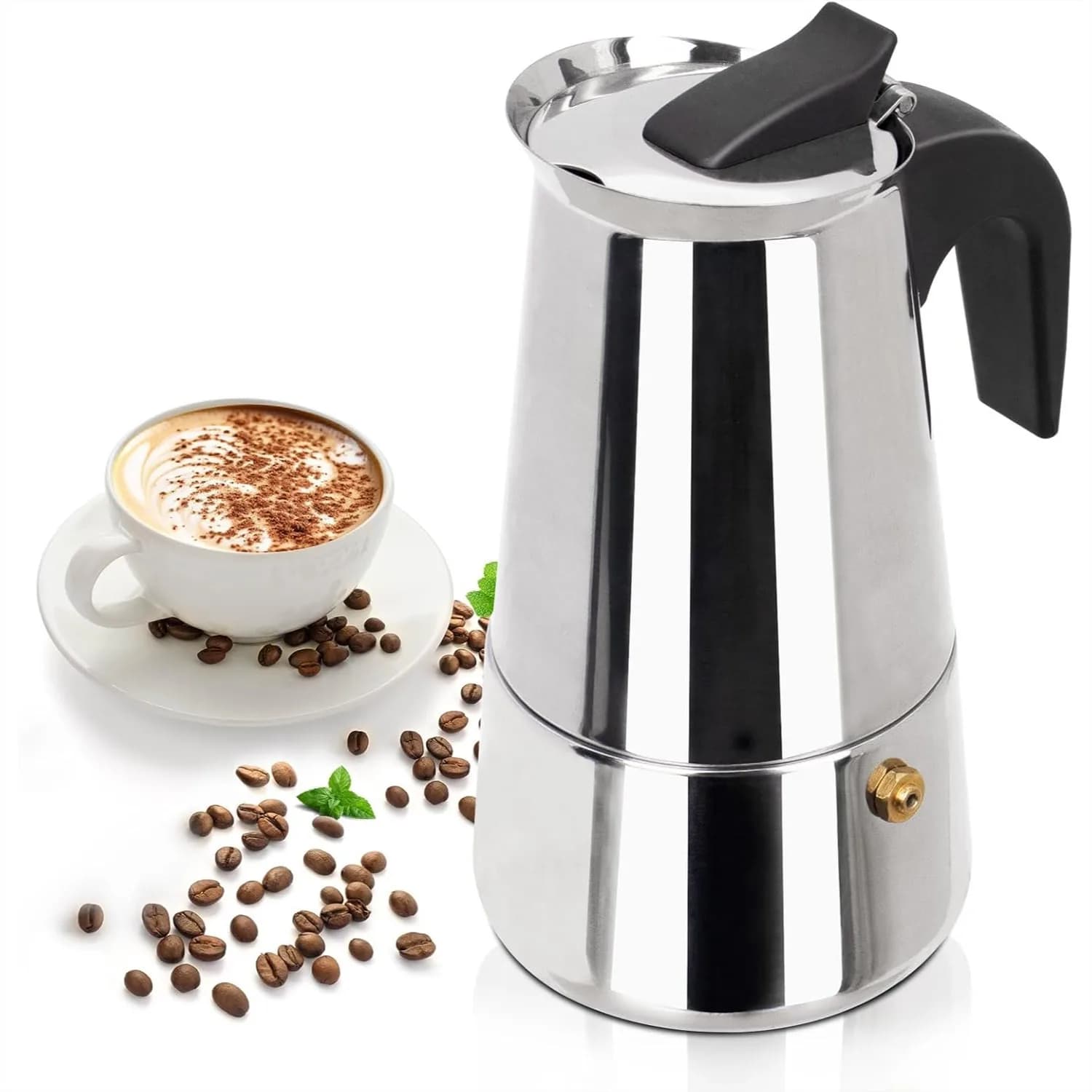 Caffettiera Moka in Acciaio Inox per 2 Tazze, Macchina per Espresso da Fornello, Stile Italiano, per Casa, Campeggio e Viaggi