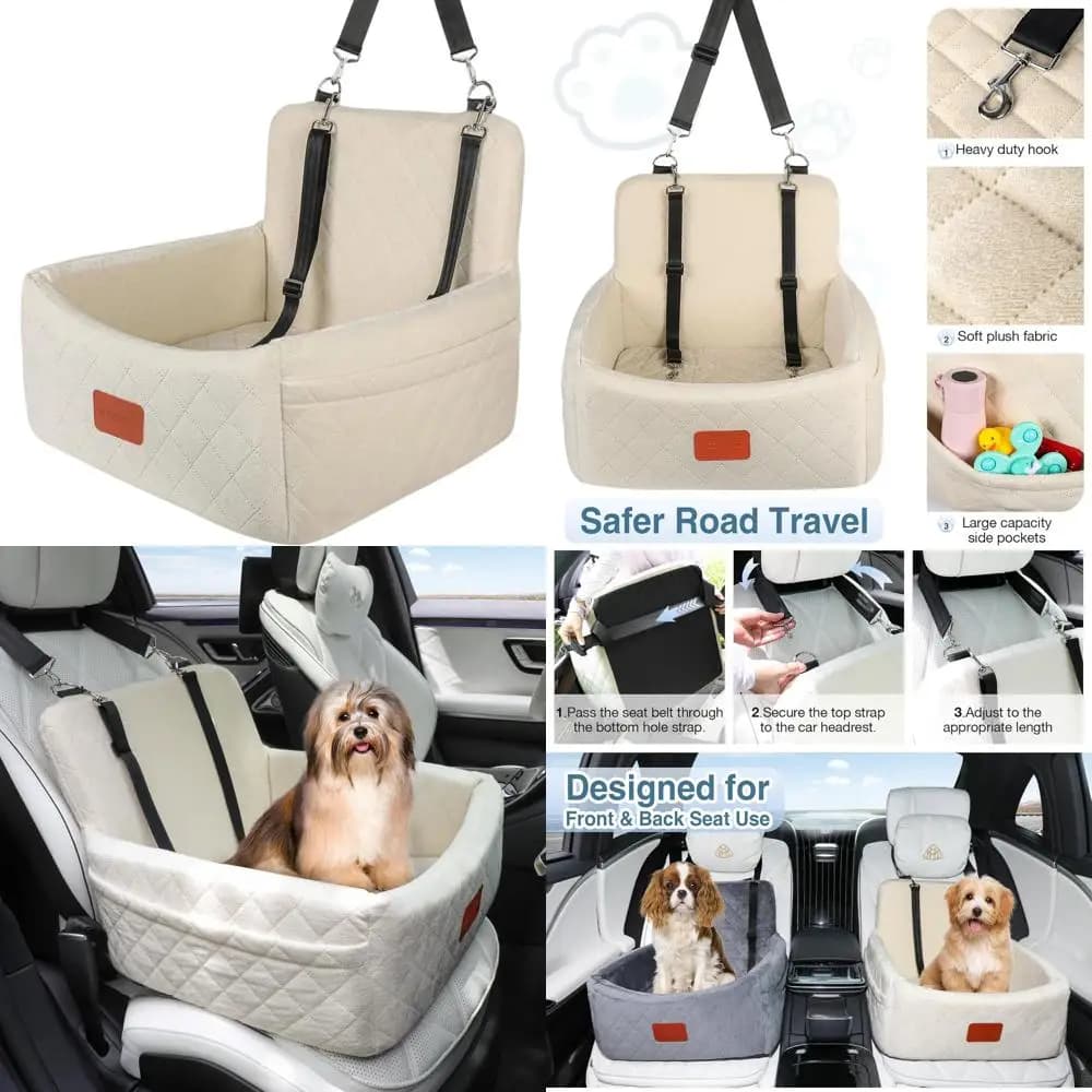Seggiolino Auto Portatile e Lavabile per Cani Sotto i 13,6 kg con Memory Foam, Antiscivolo, 2 Guinzagli di Sicurezza e Tasche Portaoggetti, Beige