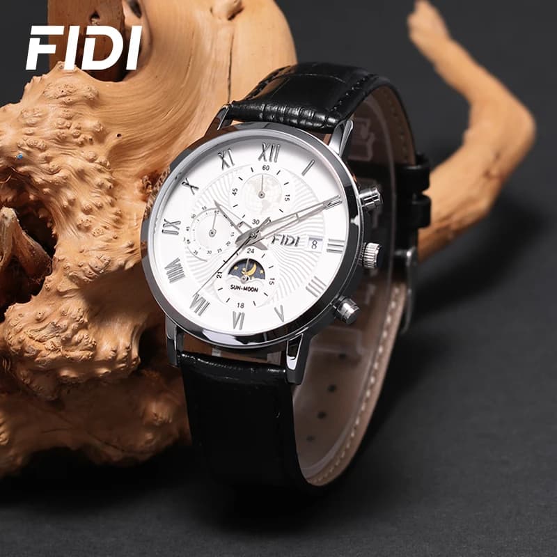 Orologio da Polso Cronografo al Quarzo FIDI per Uomo, Cinturino in Pelle, Fasi Lunari, Data, Impermeabile 3ATM, Numeri Romani, Stile Business