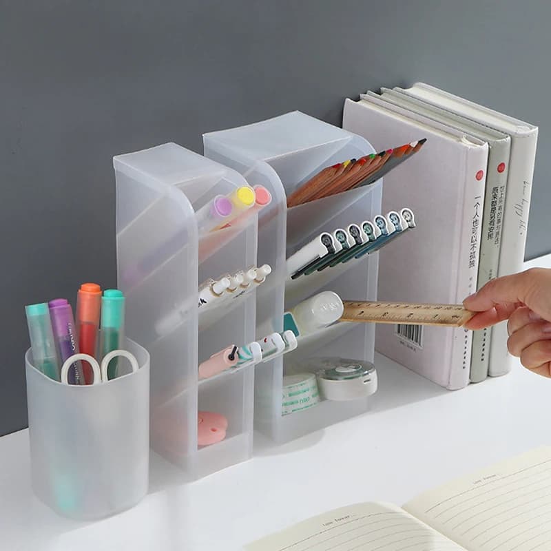 Transparent pen holder to store multiple stationery items, 4 grids, table data cable, cosmetic makeup brush organizer, lipstick storage box