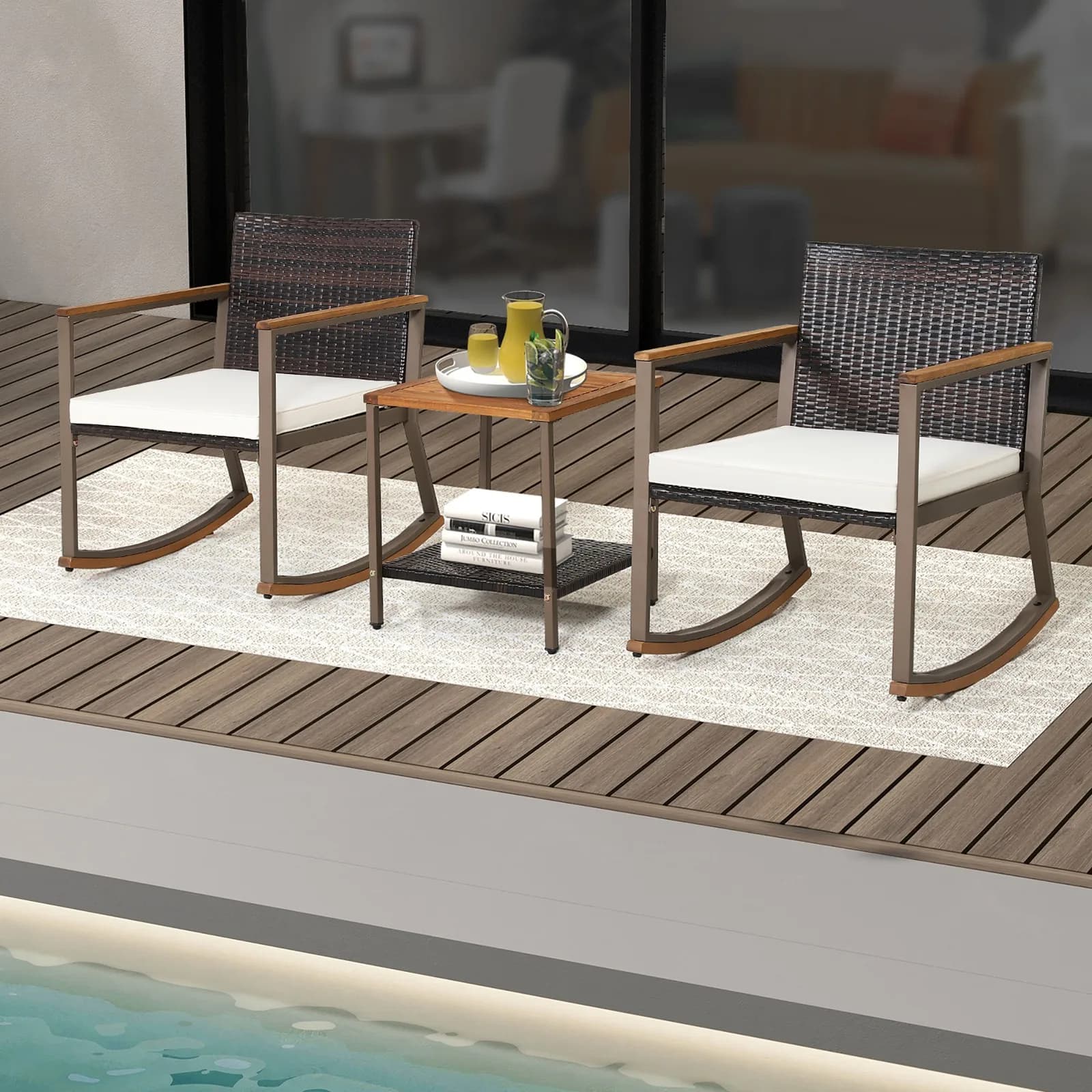 Set da bistrot con 3 sedie a dondolo in rattan da patio, cuscino per braccioli e tavolo con ripiano portaoggetti