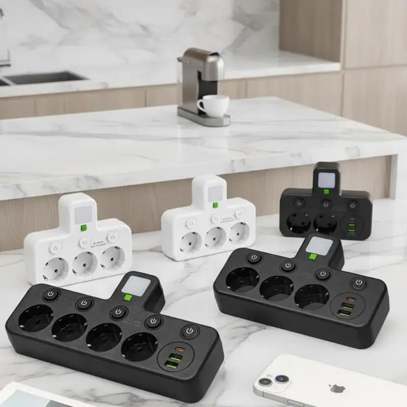 Household EU Plug Power Distribution Socket With Switch Night Light AC Outlets USB Type‑C Port Power Strip Supplies