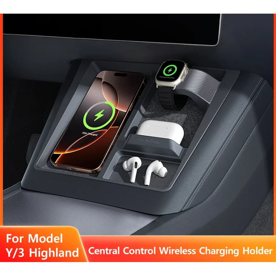 Supporto di ricarica wireless per Tesla Model Y Juniper Model 3 Highland Center Console: ricarica telefoni, cuffie e orologi