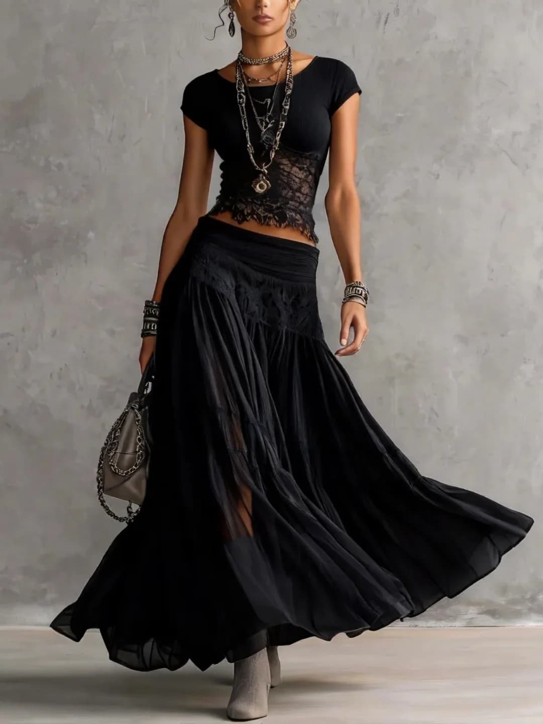 2026 Gray Knitted Top + Chiffon Dress Set Women's Fashion Elegant Two-piece Set Skirts Sets Outfits Big Swing Skirts Y2K
