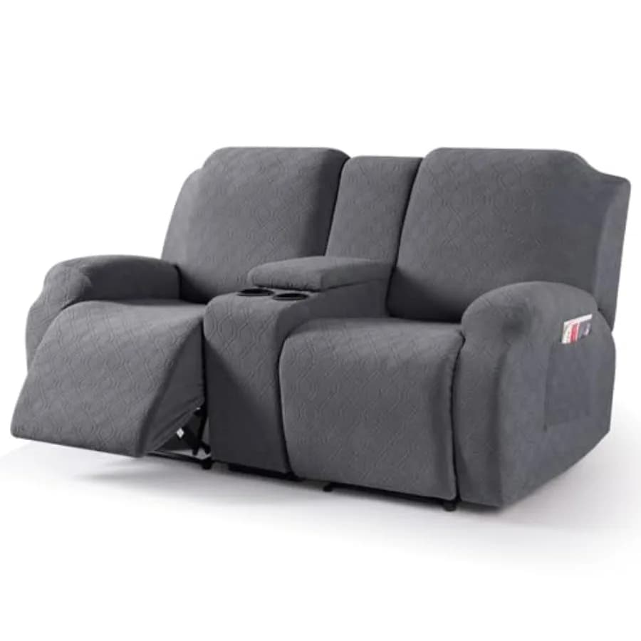 Recliner Loveseat Cover with Middle Console Stretch Reclining Sofa Slipcover for 2 Seat Jacquard Reclining Couch Sofa Covers Fu