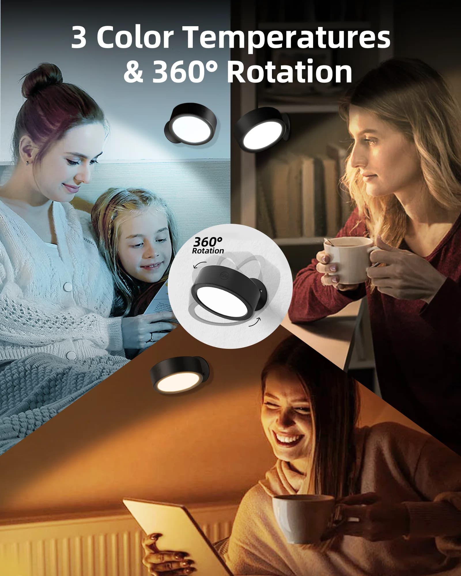 Luci da parete Metis, lampada da parete ricaricabile da 5500 mAh, 3 temperature di colore e telecomando, 360 ° Rotazione dimmerabile