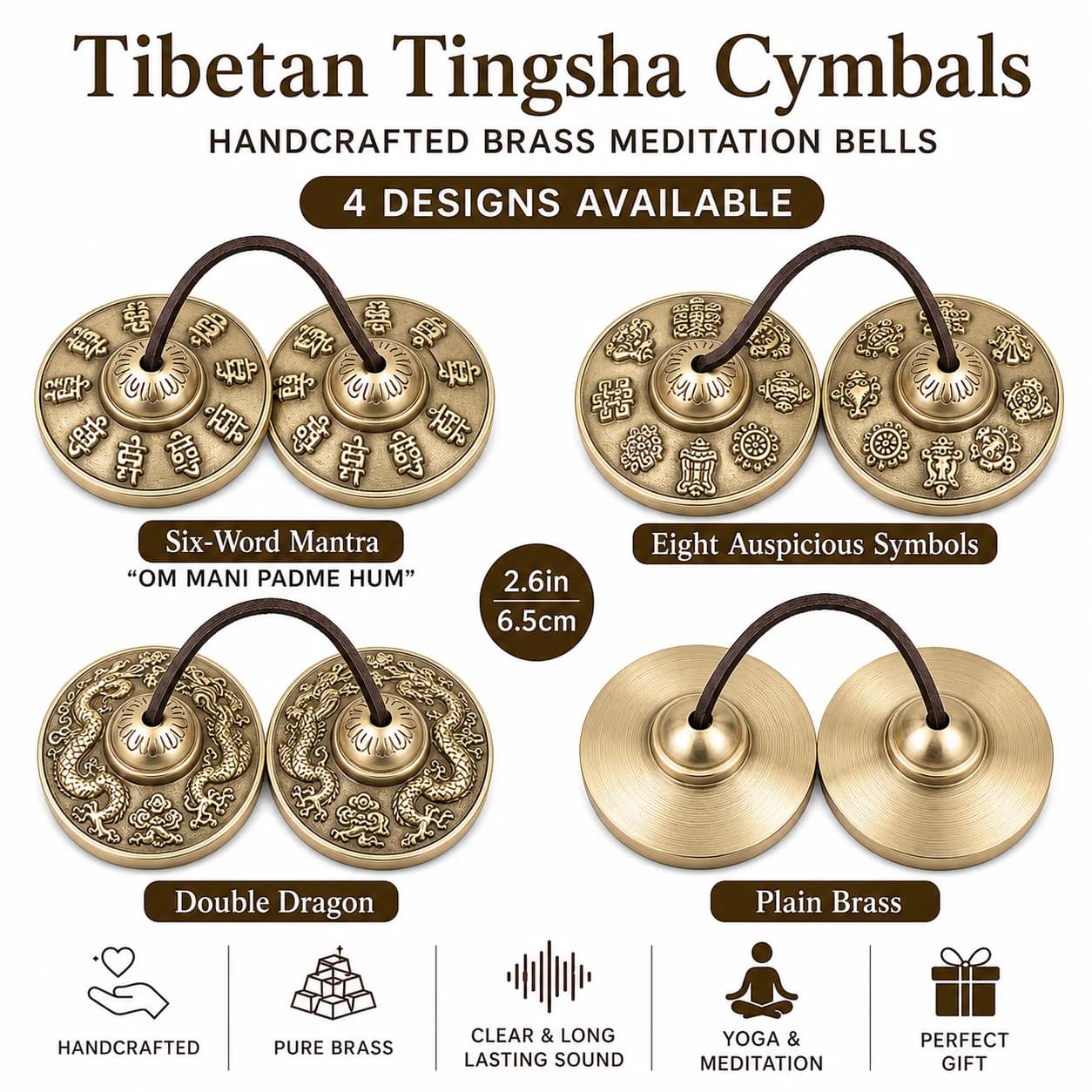 Handcrafted Tibetan Tingsha Cymbals Brass Meditation Bells 2.6in/6.5cm, Six-Word Mantra, Eight Auspicious Symbols, Double Dragon
