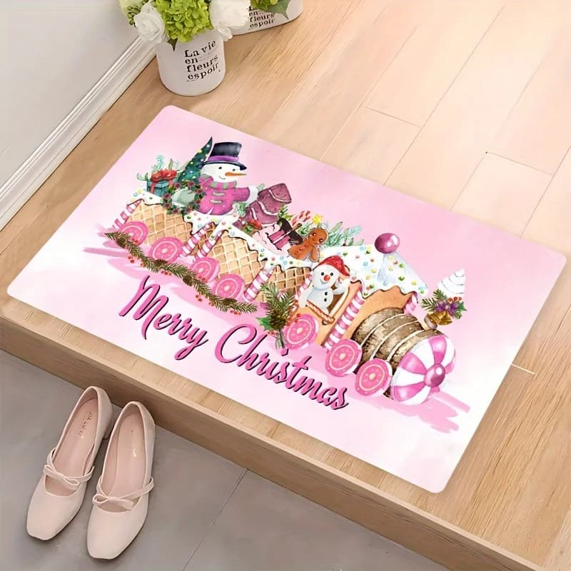 VIKAMA Simpatico tappeto rosa a tema natalizio Cartone animato pupazzo di neve Atmosfera natalizia Tappetino per porta d'ingresso Decorazione natalizia