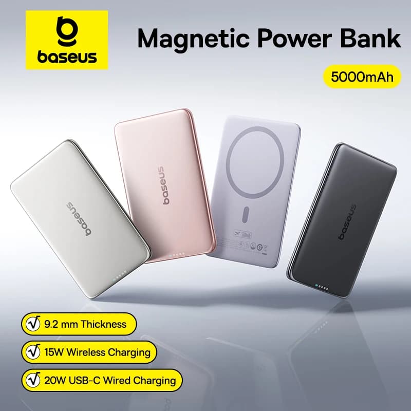 Baseus 5000mAh Magnetic Power Bank 15W Wireless 20W Wired Charging Slim Portable Powerbank Slim Paper Size for iPhone 17 Samsung