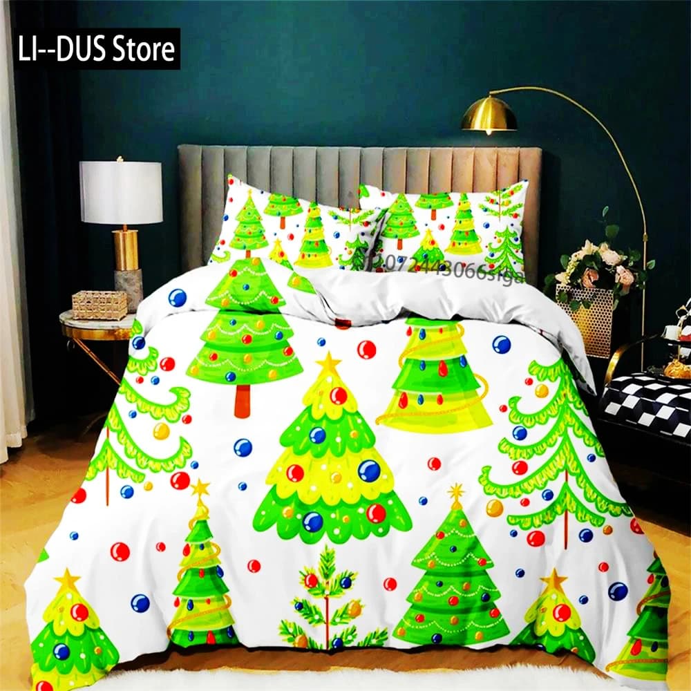 Set biancheria da letto festivo per albero di Natale, copripiumino verde e bianco, copripiumino natalizio, biancheria da letto per dormitorio, copriletto vibrante, vacanze