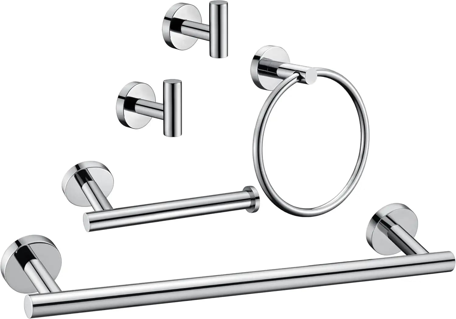 5-Piece Chrome Bathroom Hardware Set: 16″ Towel Bar, Rotating Ring, Toilet Paper Holder, And Two Wall Hooks, SUS304 Stainless