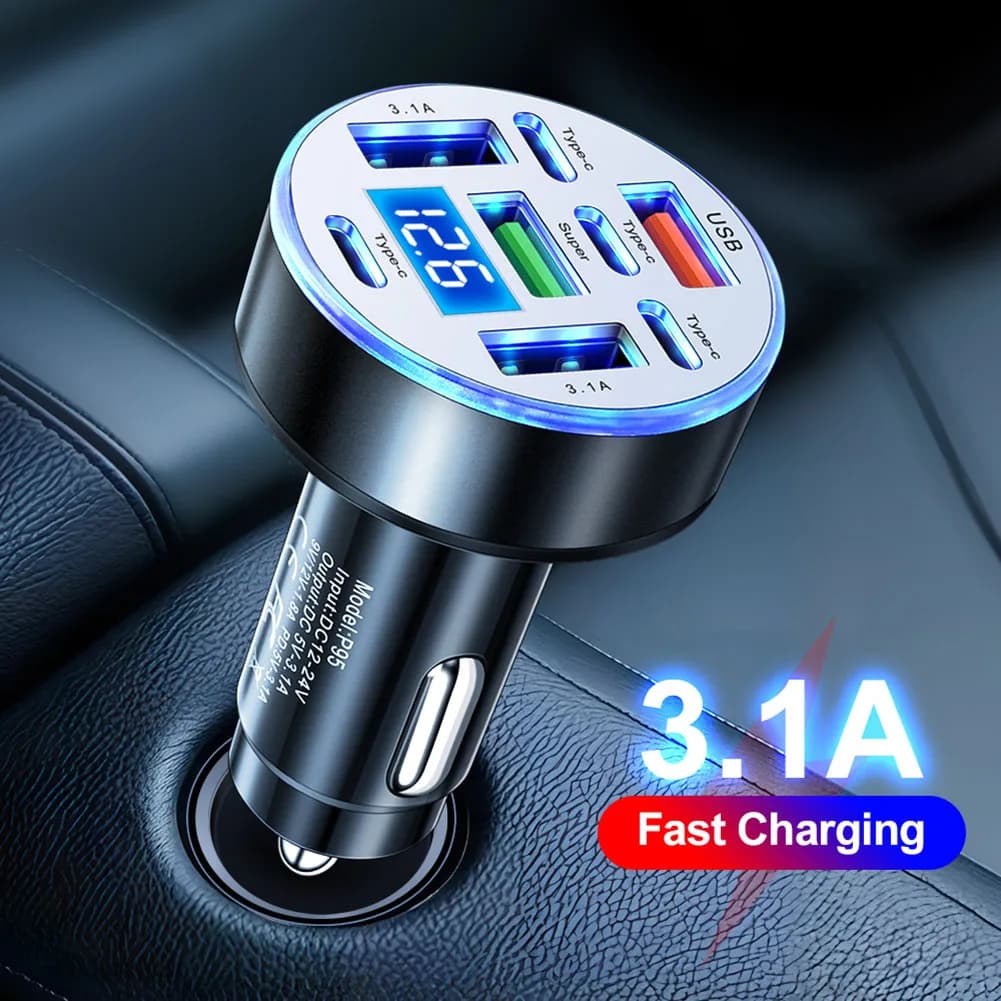 Adattatore per caricabatteria per telefono da auto USB 8 in 1 da 40 W Caricatore rapido per auto Display digitale di tensione 4USB + 4PD Nero, Bianco, Oro, Argento