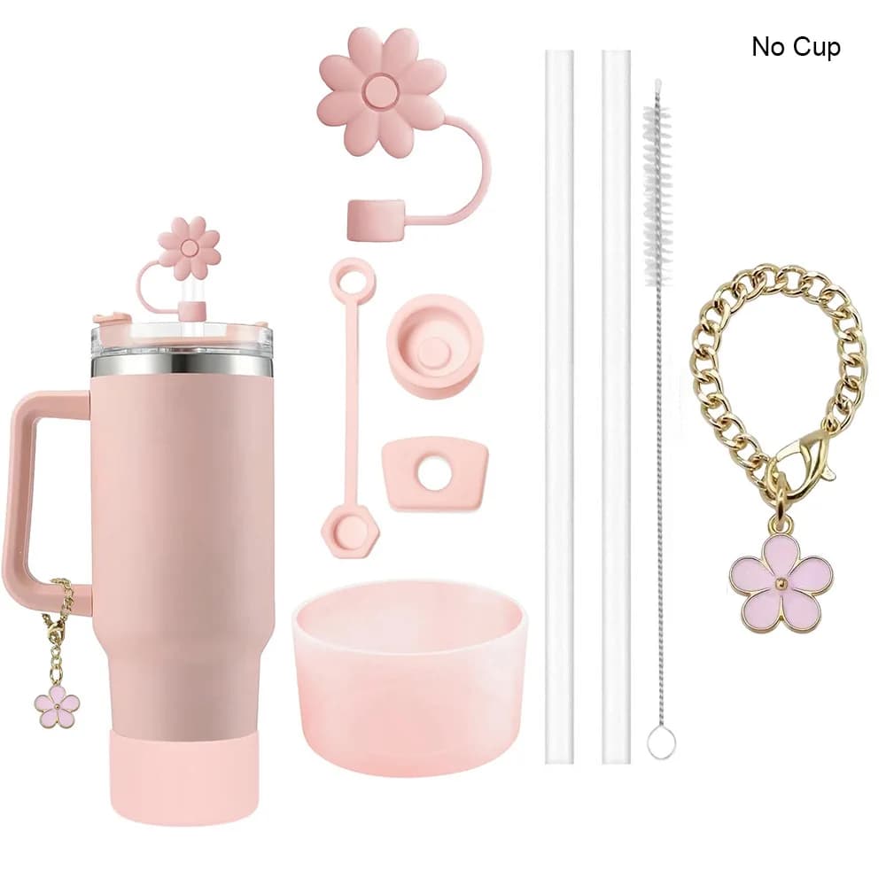 Set of 9 Accessories: 3 Anti-scratch caps, Copri-Cannuccia a Fiori, 2 Copri-Bicchiere, Brush and 1 Chain with Flower Pendant for Stanley Cup