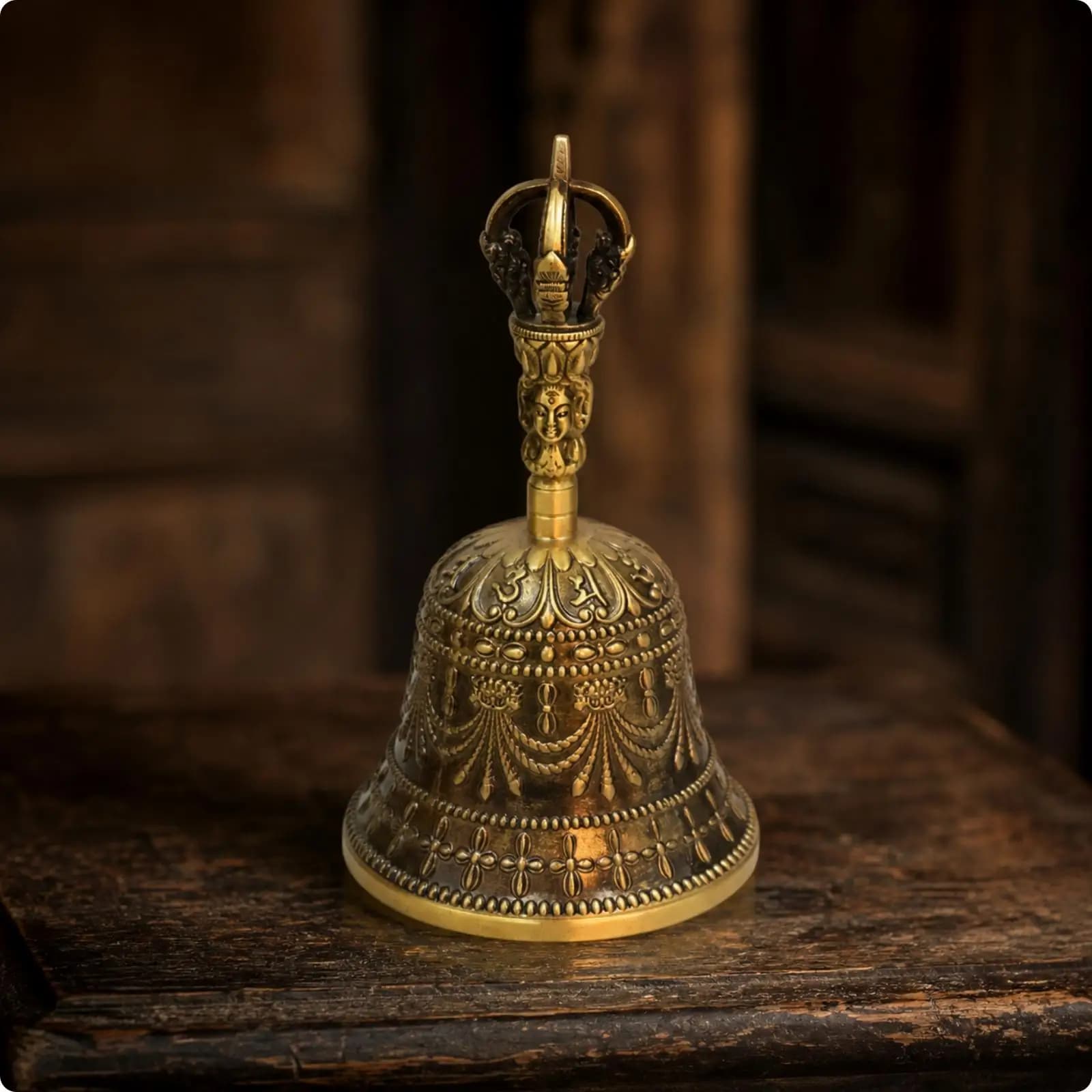 Gold-Toned Vajra Bell | Raised Ornamental Relief, carved Central Figure, Tibetan Ritual Bell, for Temple