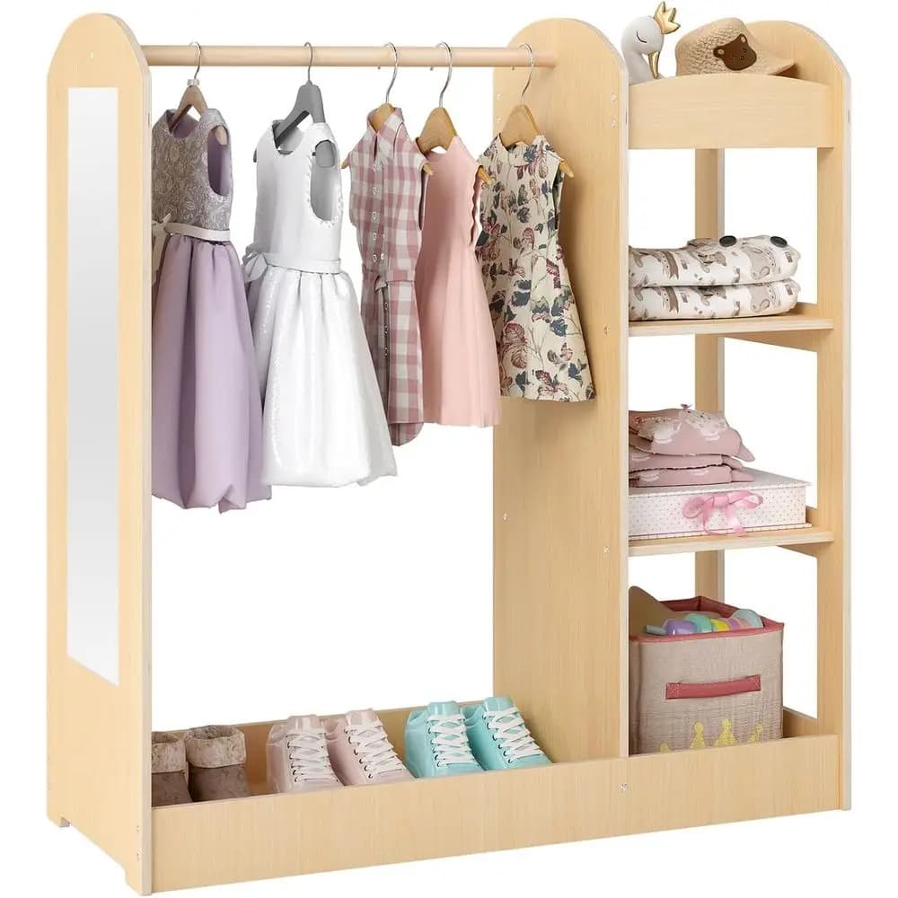 Organizzatore in Legno Naturale per Vestiti dei Bambini con Specchio, Appendiabiti, 3 Ripiani, Vassoio Inferiore e Armadio Aperto per Bambini
