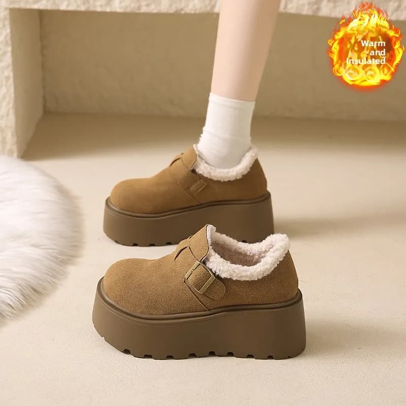 Thick Bottom Fleece Lined Winter High Heel Buckle Strap Women's Fashion Sandals Cork Step in Cotton Snow Boots Rubber Sole