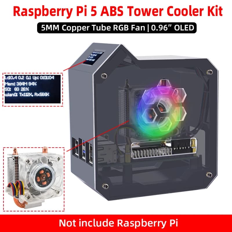 Ventola a torre di ghiaccio Raspberry Pi 5 con tubo di rame da 5 mm, dissipazione del calore, luce LED RGB + custodia in ABS + display OLED da 0,96 pollici per RPI5 Pi