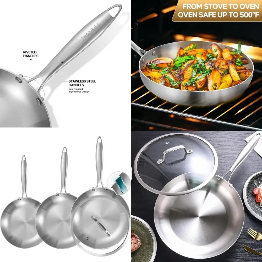 Set of 3 stainless steel pans with cover, compatible with induction, uniform heat, suitable for oven, 8-9,5-11 inches