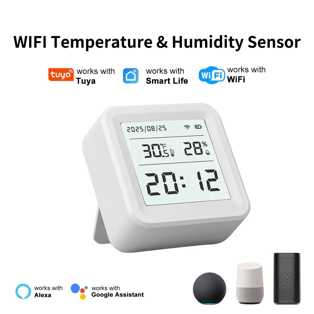 WiFi Tuya Temperature and Humidity Sensor, Intelligent Hygrometer and Thermometer with Retro Illumination, Smart Life Remote Monitoring, Compatible with Alexa