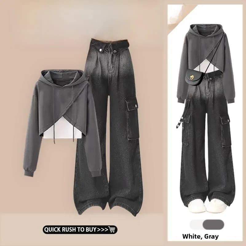 Set di Felpa Corta Grigia e Pantaloni Jeans Sfumati Asimmetrici da Donna, Outfit Casual alla Moda per Autunno e Inverno