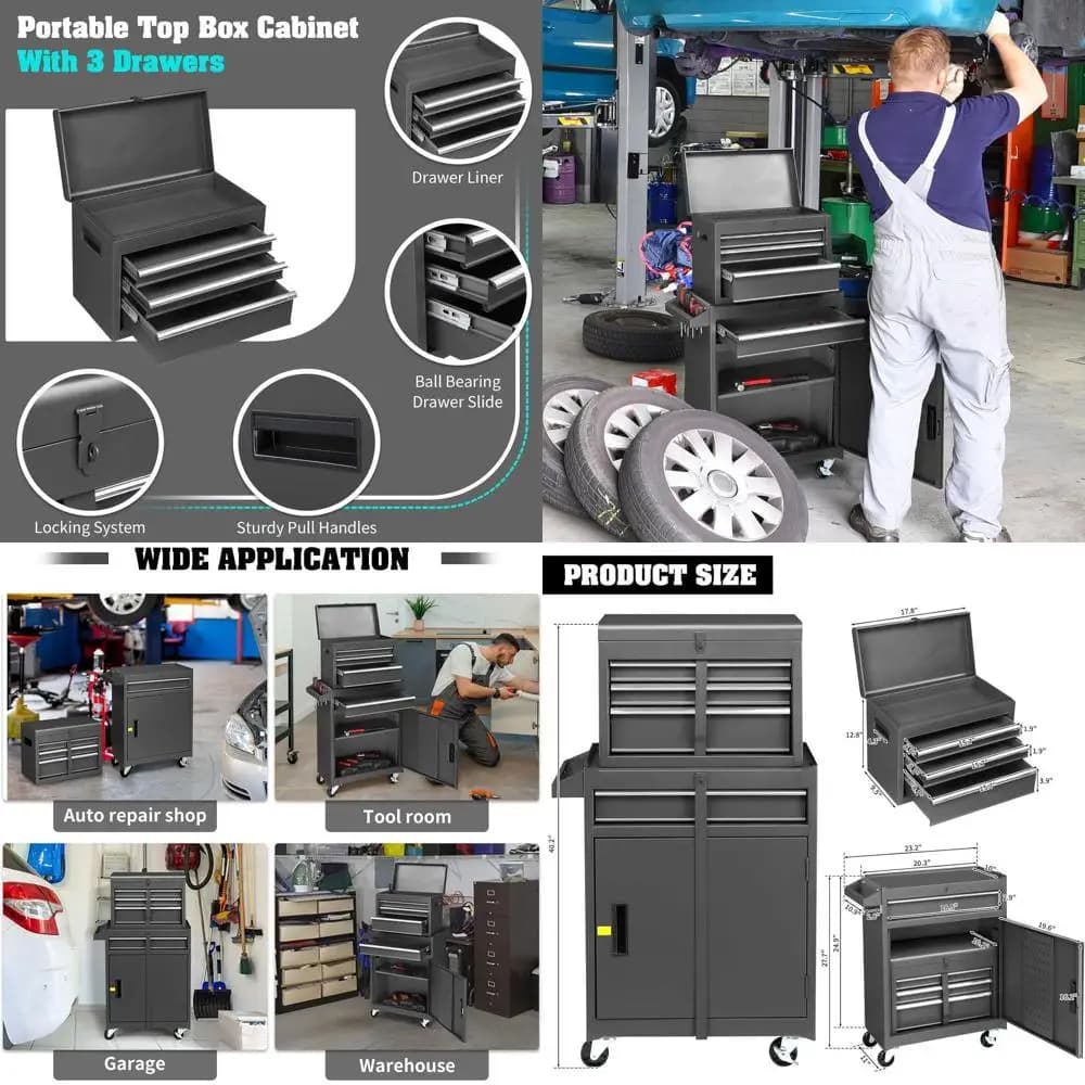 Toolbox with 4 shelves with Wheels and Locks, Toolbox with large cabinet and adjustable shelves, Removable Upper Box and Portable