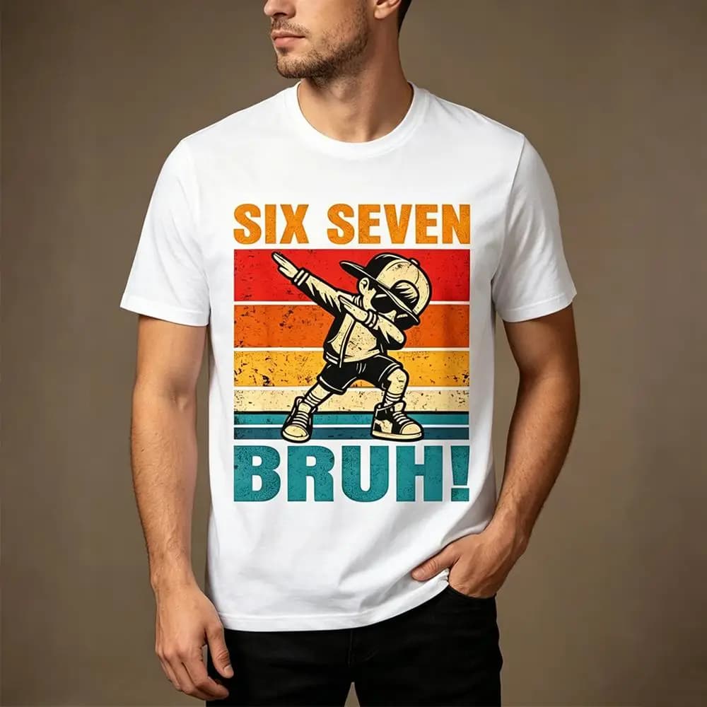 Divertente maglietta con meme di Internet Six Seven Bruh, design digitale 67, maniche corte, top casual unisex, magliette con scollo a O per bambini