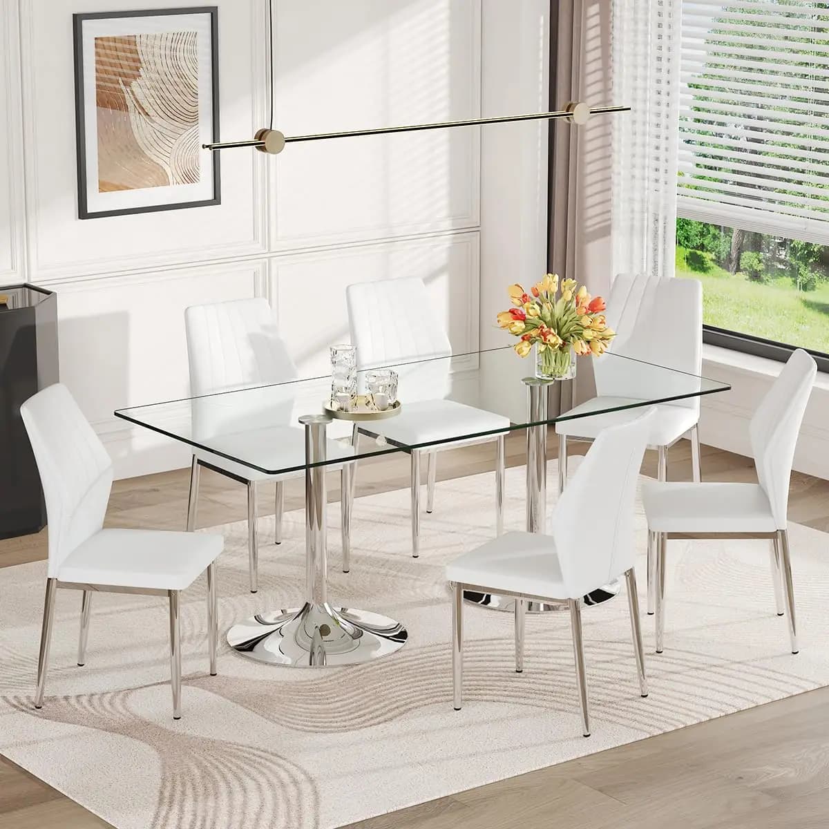 Set Tavolo da Pranzo in Vetro da 71 Pollici per 6 Persone, Set Moderno con Piano in Vetro Temperato e Gambe in Metallo Argento, Personalizzabile