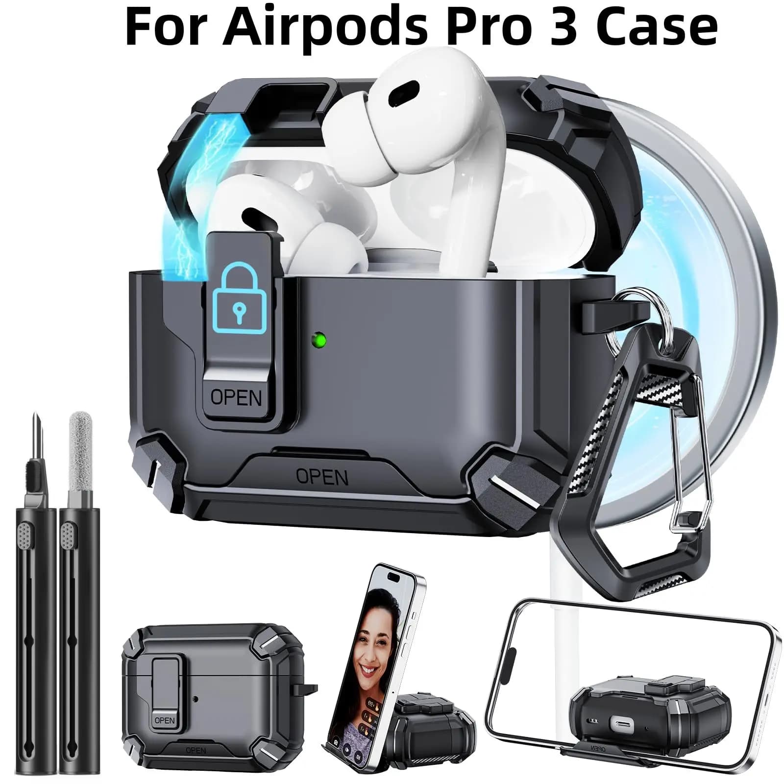 for Airpods Pro 3 (2025) Case with secure closure Full auto pop-up rigid cover with cleaning kit for AirPods Pro 3