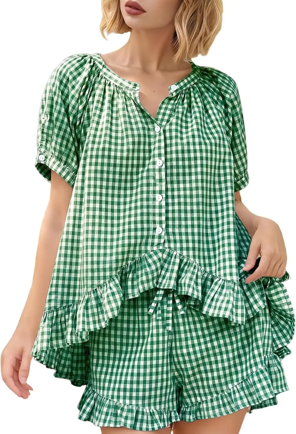 Set Pigiama Donna in Cotone a Quadretti, Camicia con Maniche a Sbuffo e Volant, Pantaloncini, Completo Estivo in Due Pezzi