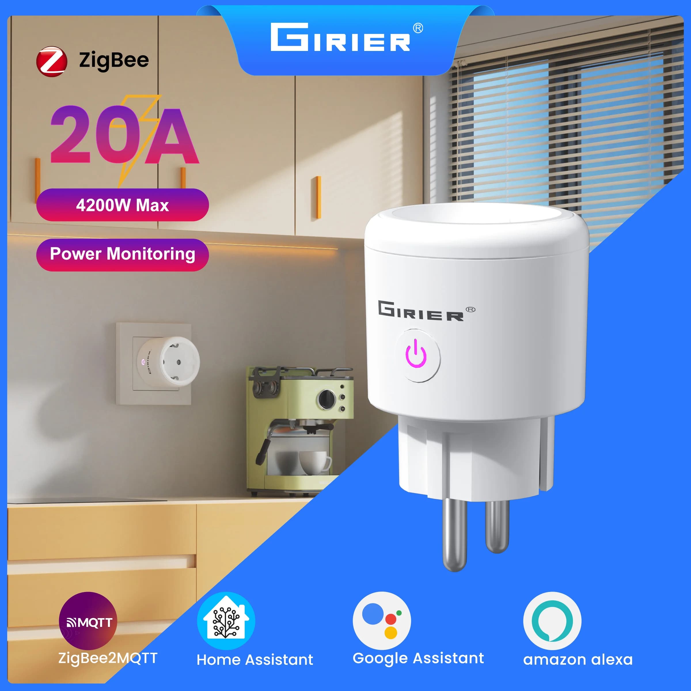 Presa Intelligente WiFi GIRIER Tuya ZigBee 20A Presa Smart Home EU 4200W con Funzione di Monitoraggio Energetico Compatibile con Alexa e Hey Google