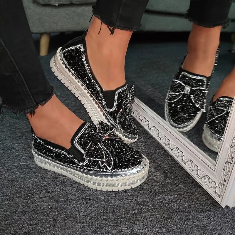 Moda Strass Donna Scarpe Donna Brillante Strass Slip-on Mocassini Bowknot Pigro Casual Plataforma Mujer