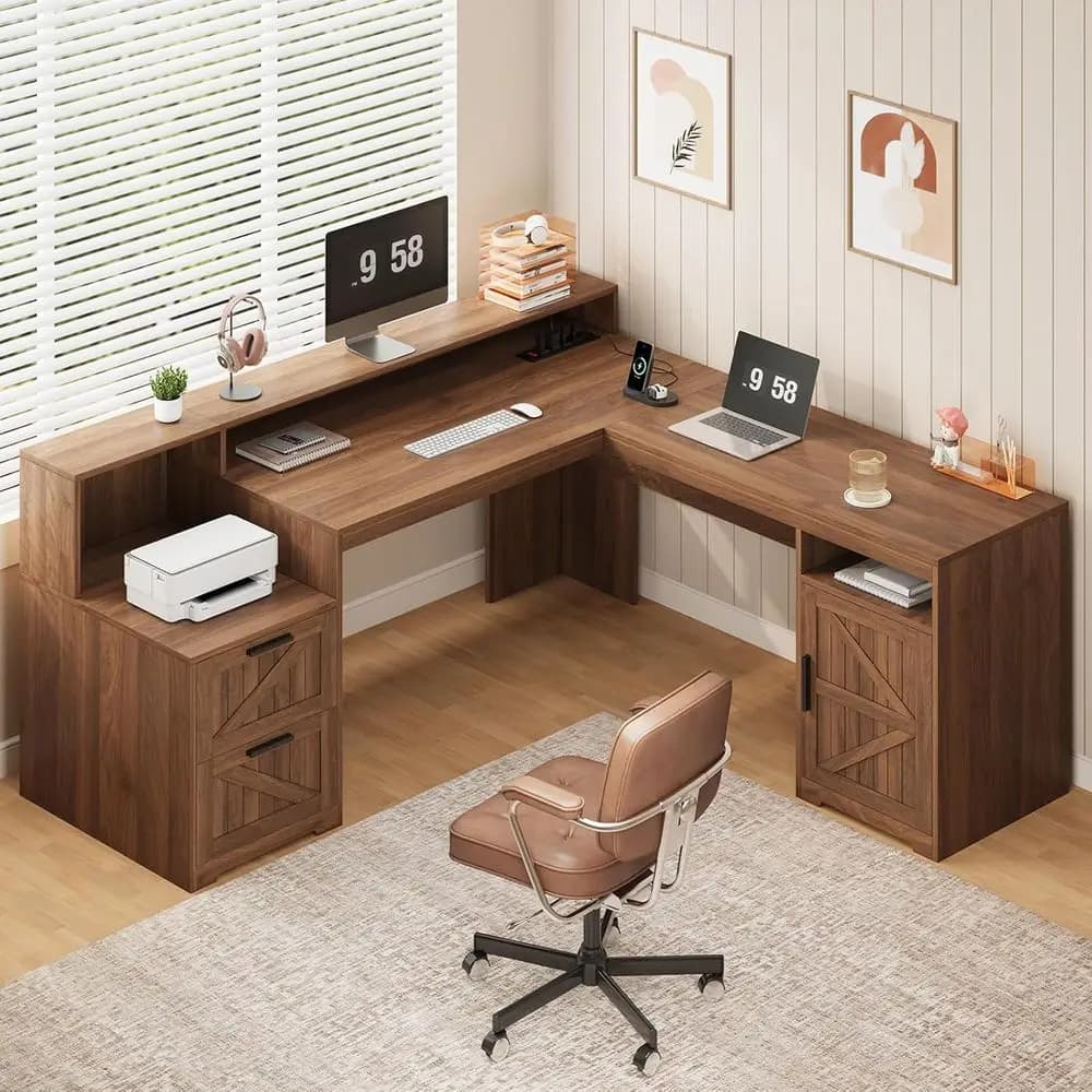 L-Shaped Executive Desk with Drawers, Storage Shelves, Monitor Stand, and Printer Shelf, Brown