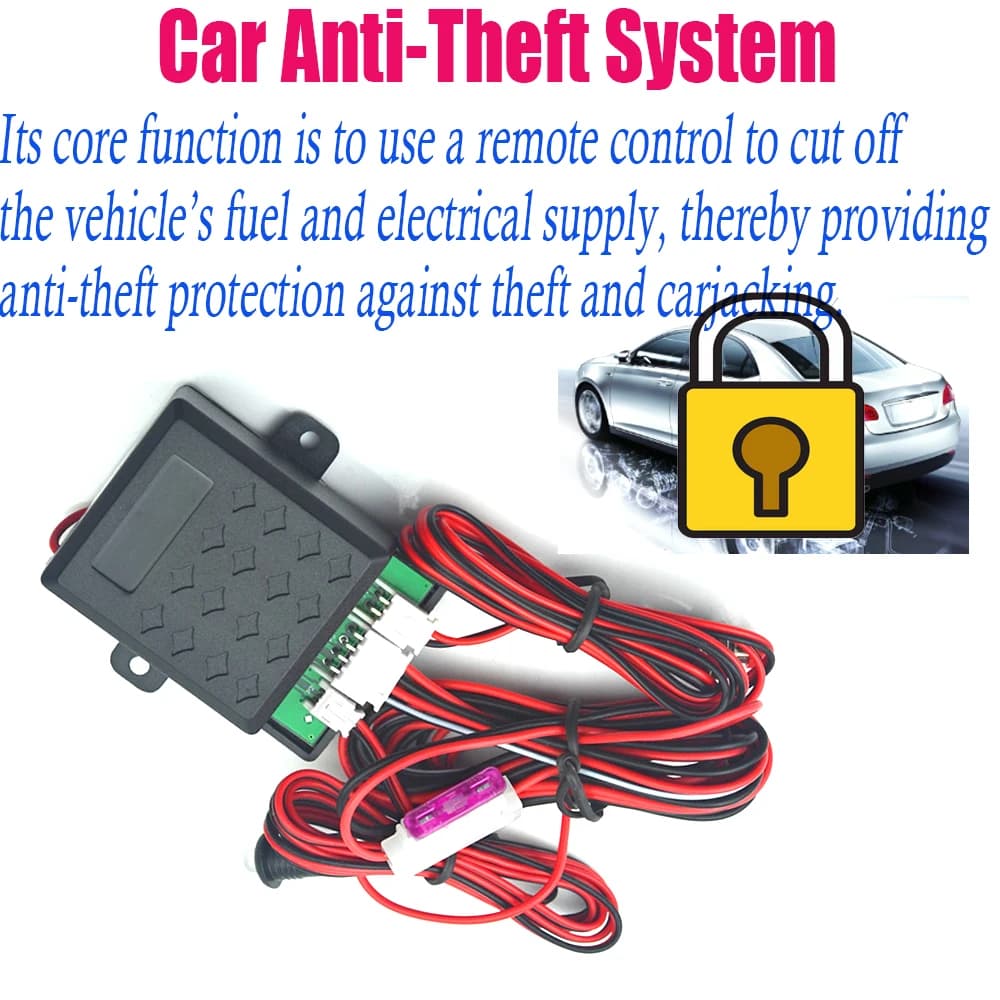 Car Anti-Theft and Anti-Hijacking System with Fuel Cutoff Power Cutoff Sensor-Activated Lock, and Smart Remote Engine Control