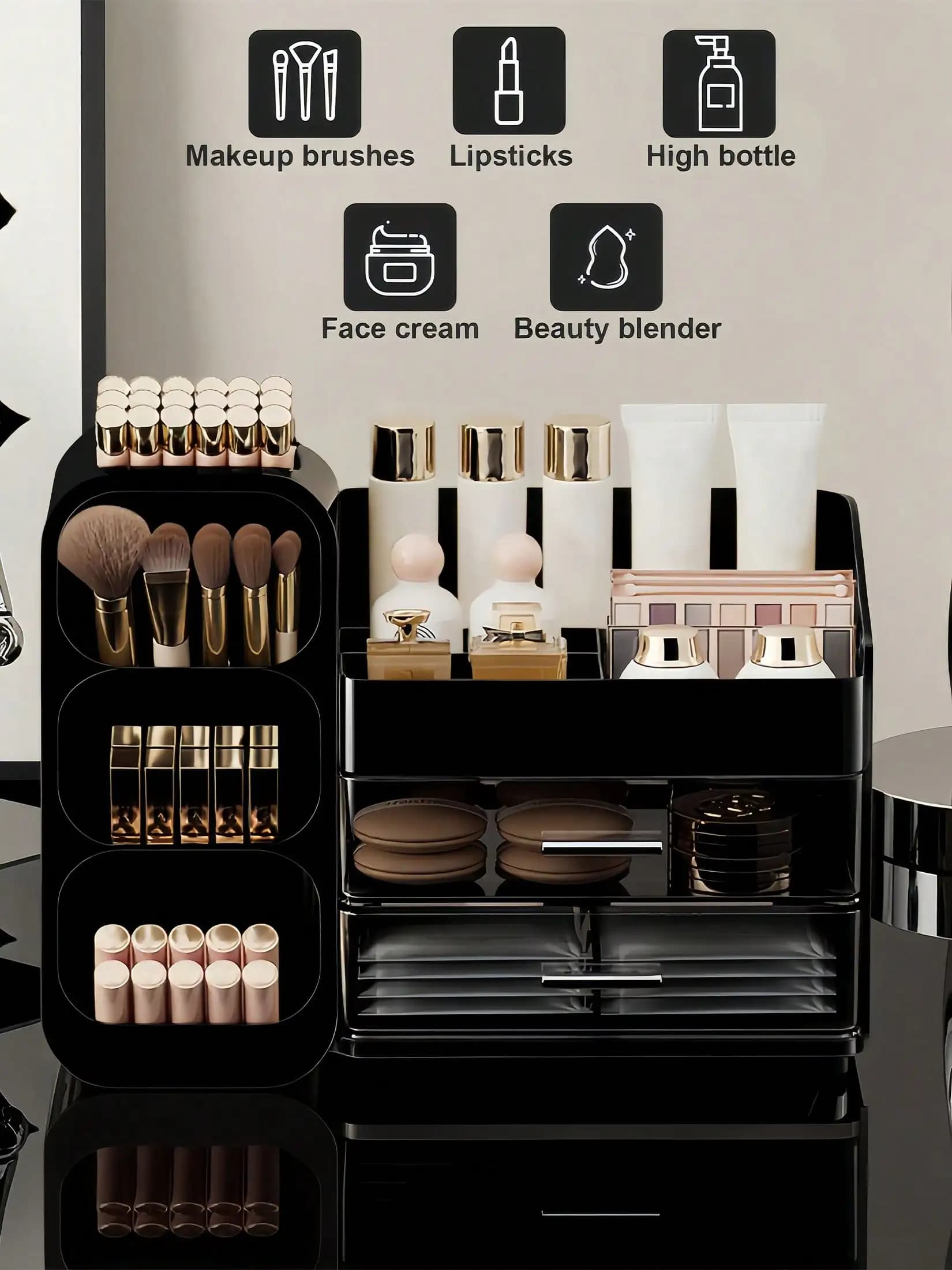 Organizer per trucchi con porta pennelli, cassetti, organizer da appoggio, organizer per cosmetici da toeletta, porta pennelli per trucco, porta prodotti per la cura della pelle, porta rossetti, ombretti, smalti, profumi, perfetto per riporre oggetti in bagno e camera da letto