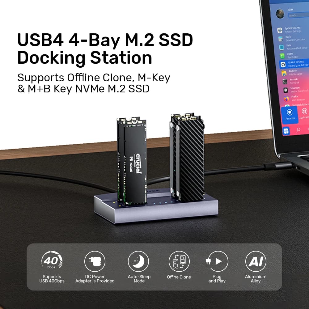 Docking Station S1243B a 4 Bay per SSD M.2 NVMe, 40Gbps, Clonazione Offline 1-a-3, in Alluminio, USB4 TB3 USB 3.2, Supporto UASP TRIM per PC e Laptop