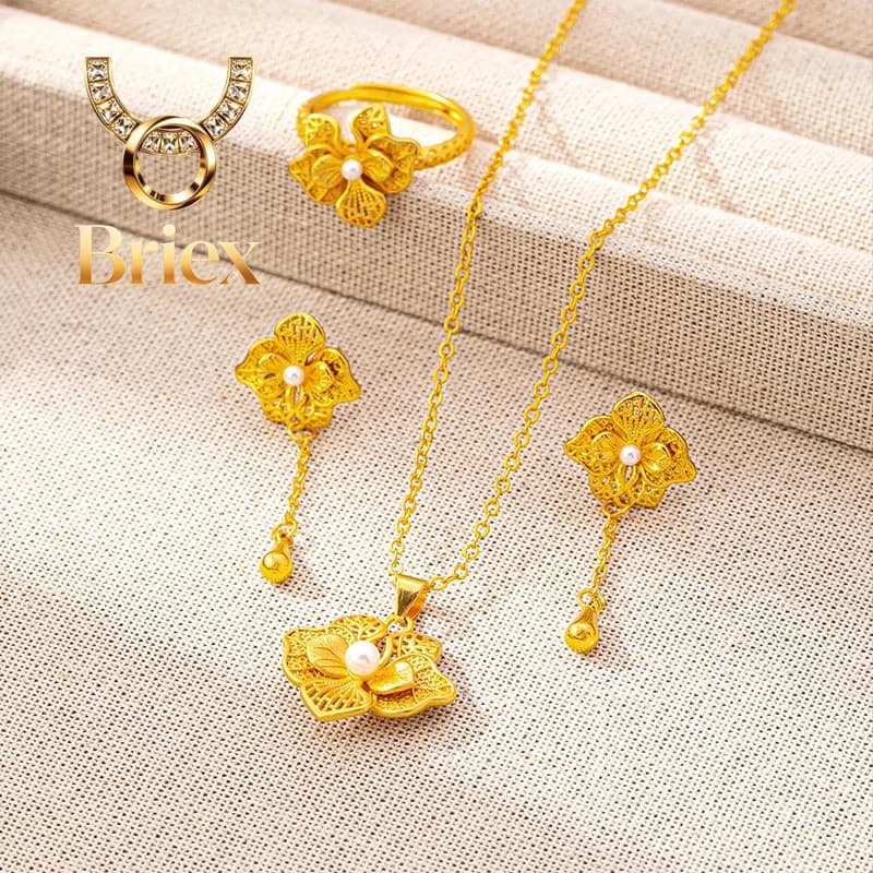 Gioielli Briex di Lusso in Oro Puro 24K 9999, Collana, Orecchini e Anello con Fiore Traforato per Donna