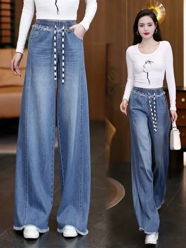 Loose Women's Wide Leg Jeans Spring 2026 New Style High Waist Casual Loose Fit Straight Leg Pants Elastic Waistband