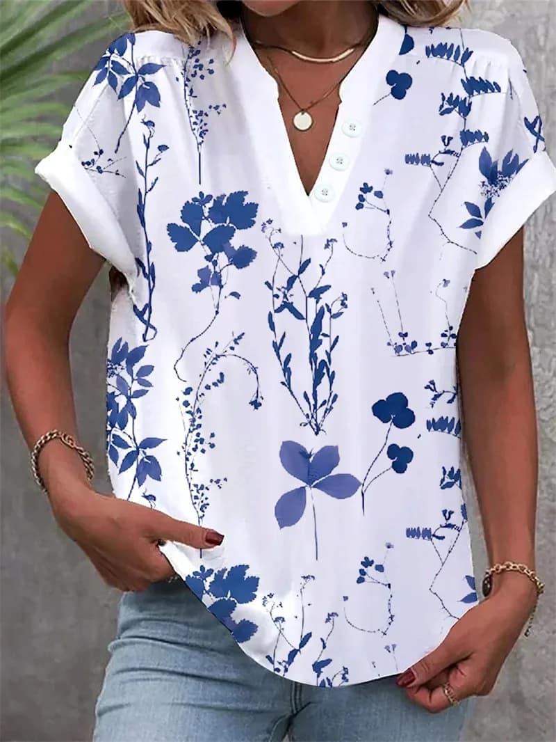 Women's White Floral Embroidered Shirt Summer Elegant Short Sleeved Shirt with V-neck Shirts with Buttons Office Women's OL Shirt Top Spring 2025