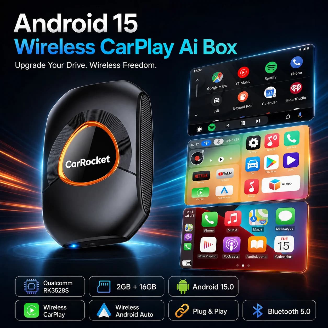 CarRocket 5.0 Wireless Adapter Wireless CarPlay Android Auto Box For OEM Cars Plug and Play WiFi Bluetooth Auto Connection