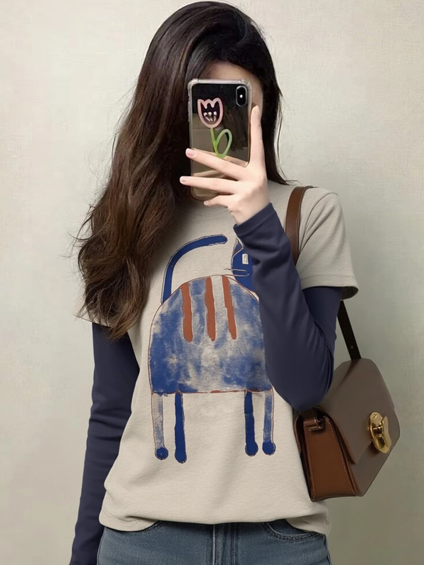 T-shirt a maniche lunghe color block alla moda, design con stampa integrale per la primavera, top versatile e unico in stile coreano, abbigliamento da donna