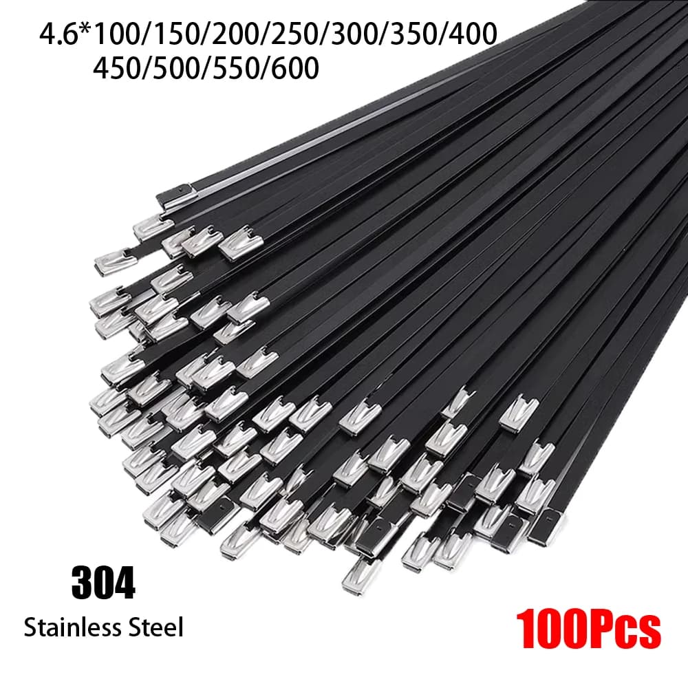 100 pezzi 304 # Fascette per cavi in metallo nero in acciaio inossidabile Fascette autobloccanti resistenti alle alte temperature Resistenza all'ossidazione Fascette da 4,6 mm