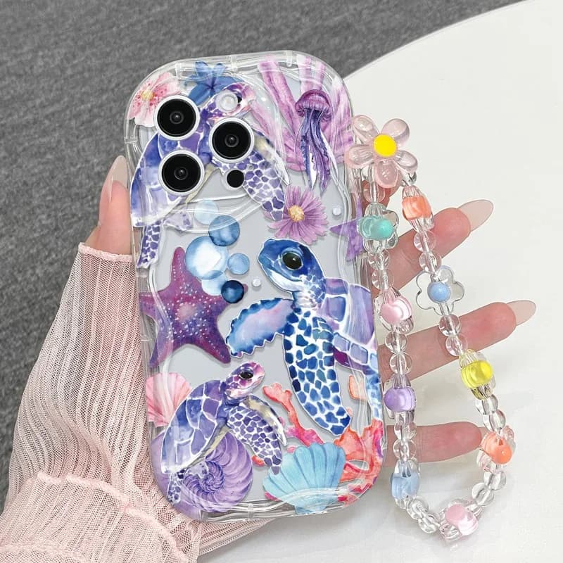Purple Turtle Underwater World Pattern Phone Case For iPhone 17 16 15 14 Plus 13 12 11 Pro Max 16E 17E Clear Wavyedge Soft Cover