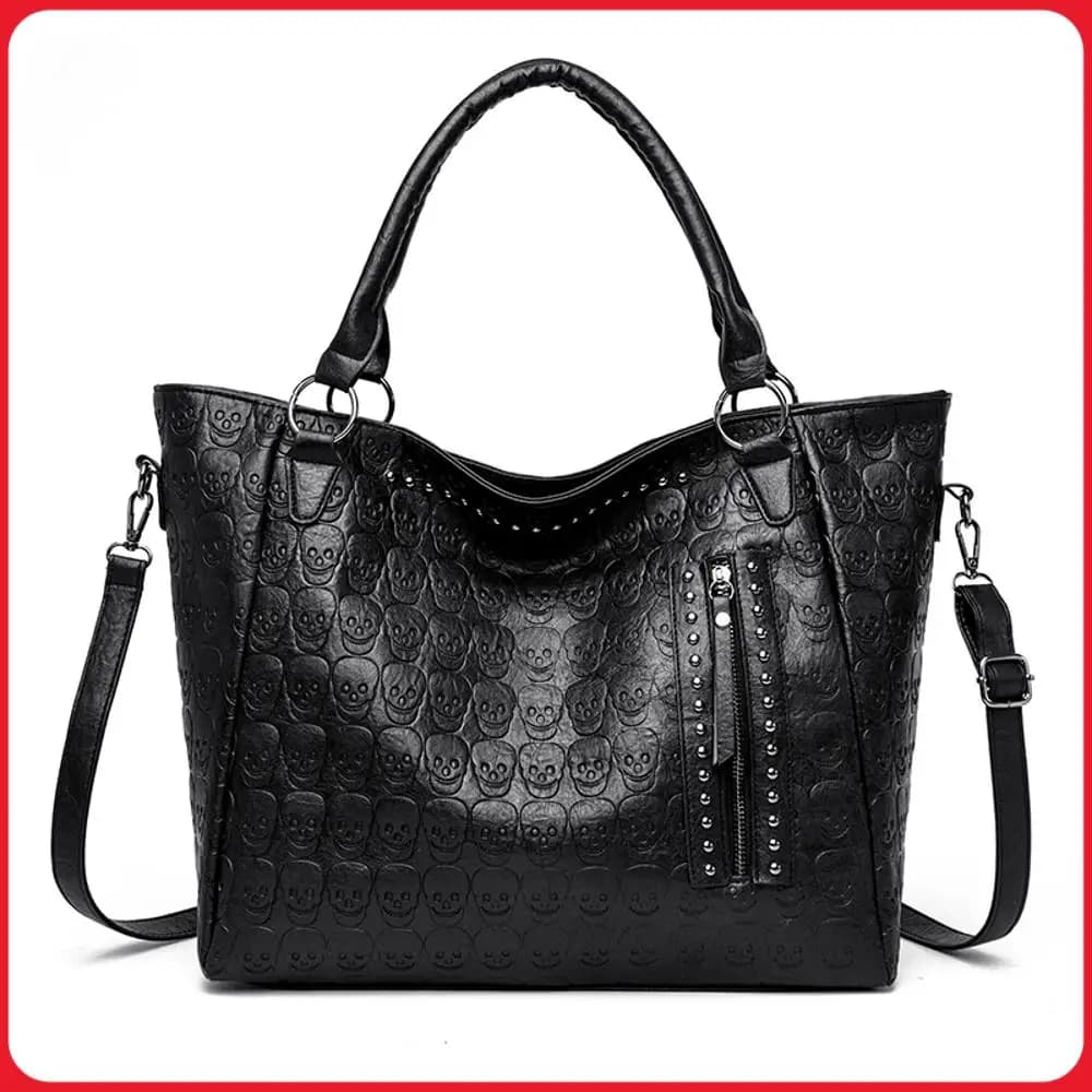 Punk Skull Crossbody Bag PU Leather Studded Fashion Handbag Large Capacity Satchel Purse for Women Work Shopping