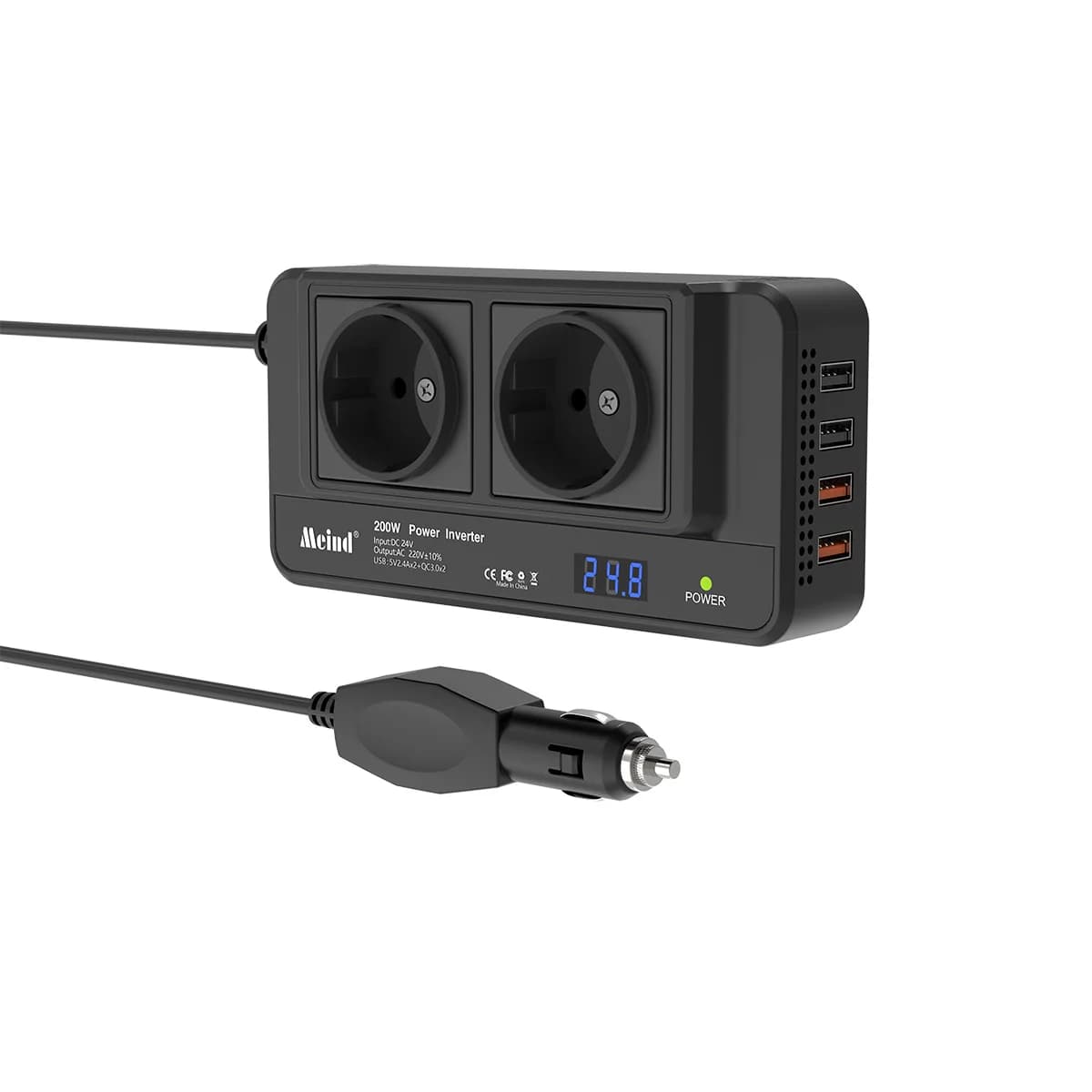 Meind Convertitore di potenza da 200 W da 24 V a 220 V Doppie prese CA UE Porte di ricarica rapida USB e QC 3.0 con presa accendisigari