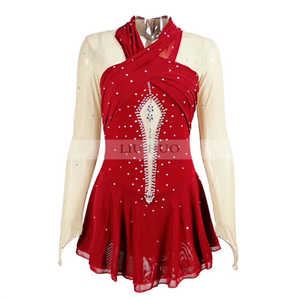 LIUHUO Donna Ragazza Adulto Bambino Performance Costumi di balletto Ginnastica Concorso Body Pattinaggio di figura sul ghiaccio Vestito Danza Vino rosso