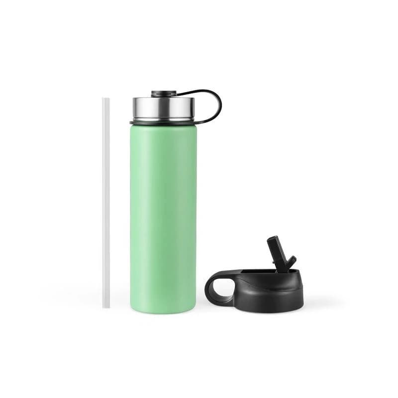 Bottiglia d'Acqua in Acciaio Inossidabile a Doppia Parete Isolata da 22 Oz con 2 Coperchi e Cannuccia - Verde