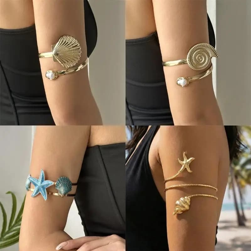 Bracciale Aperto da Donna Bohemien con Conchiglie e Stelle Marine - Splendido per le Vacanze